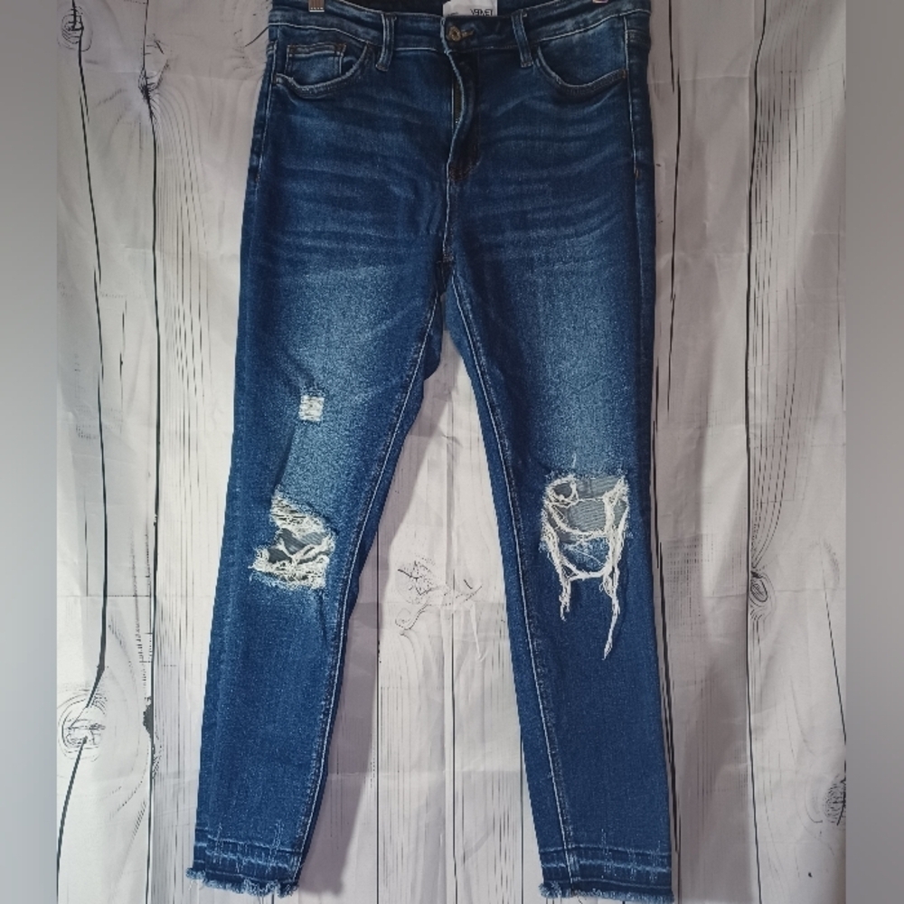 Vervet Women's Distressed Blue Jeans with frayed hem